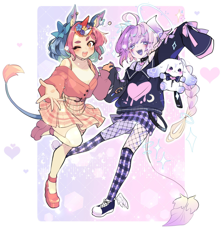 1girl, 1other, absurdres, axia_(03400441), blue_eyes, blue_hair, blush, braid, colored_skin, colored_tips, commission, gradient_hair, highres, holding_hands, indie_virtual_youtuber, long_hair, milk_(vtuber), multicolored_hair, one_eye_closed, peachy_petals, pink_hair, purple_hair, skeb_commission, virtual_youtuber, white_skin, yellow_eyes