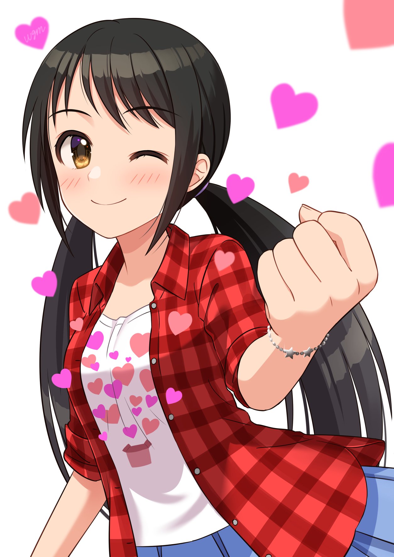 bangs, black_hair, blue_skirt, blush, checkered_clothes, checkered_shirt, clenched_hand, commentary_request