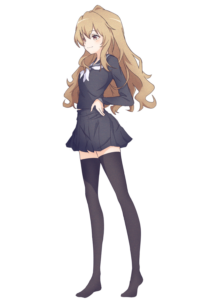1girl, absurdres, aisaka_taiga, bangs, black_legwear, black_sailor_collar, black_shirt, black_skirt