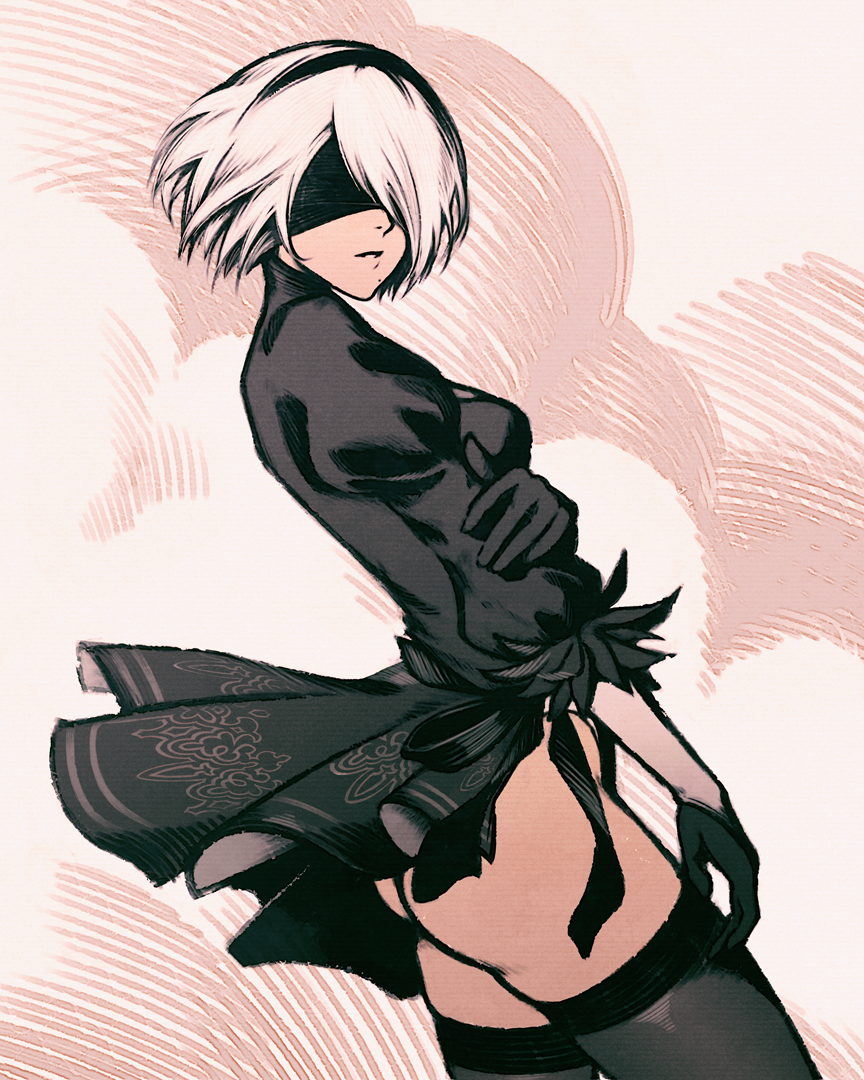 1girl, arm_at_side, arm_under_breasts, ass, black_dress, black_gloves, black_hairband, black_legwear