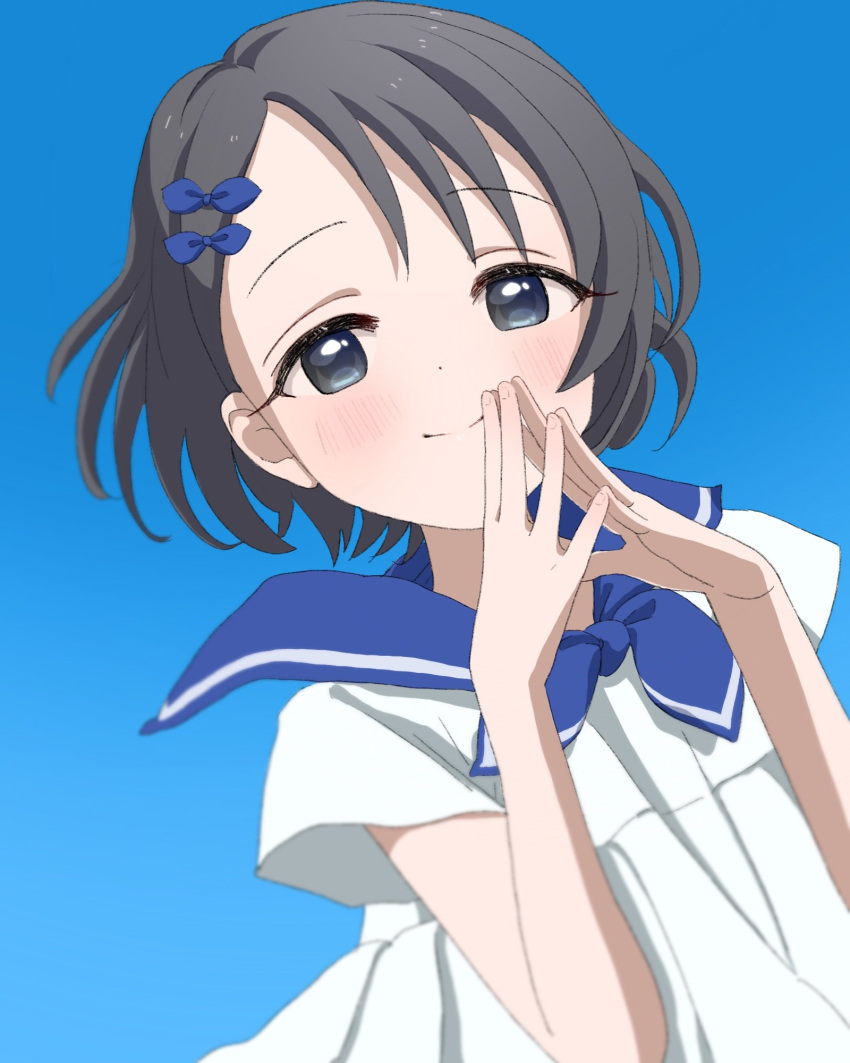 bangs, black_eyes, black_hair, blue_background, blush, commentary, dress, eyebrows_visible_through_hair