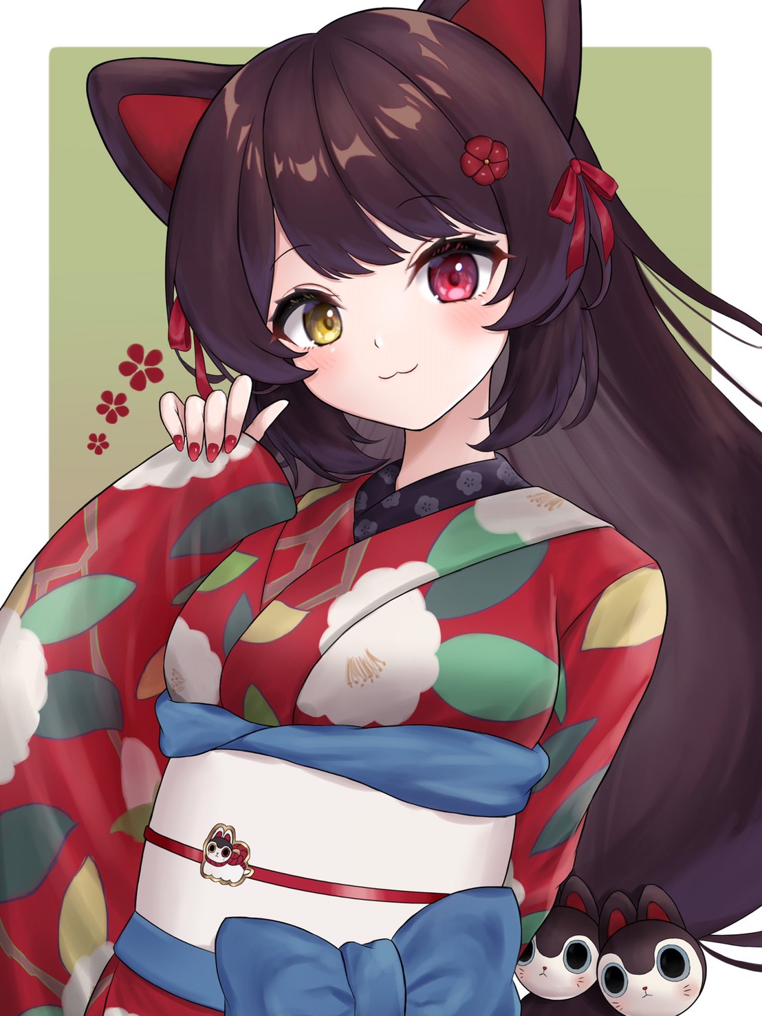 1girl, :3, animal_ears, bangs, blue_bow, blush, border, bow