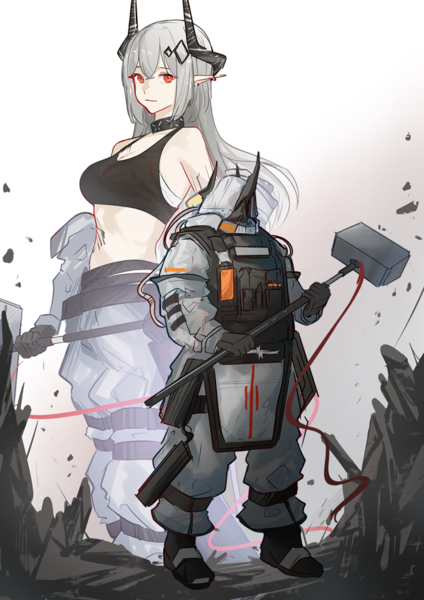 1girl, absurdres, arknights, bangs, bare_shoulders, black_choker, black_gloves, breasts, choker, crop_top, gloves, hammer, highres, holding, holding_hammer, holding_weapon, horns, infection_monitor_(arknights), large_breasts, long_hair, looking_at_viewer, midriff, mudrock_(arknights), multiple_views, naoel_(naoel_art), navel, pants, pointy_ears, red_eyes, sarashi, silver_hair, sports_bra, stomach, weapon, white_pants