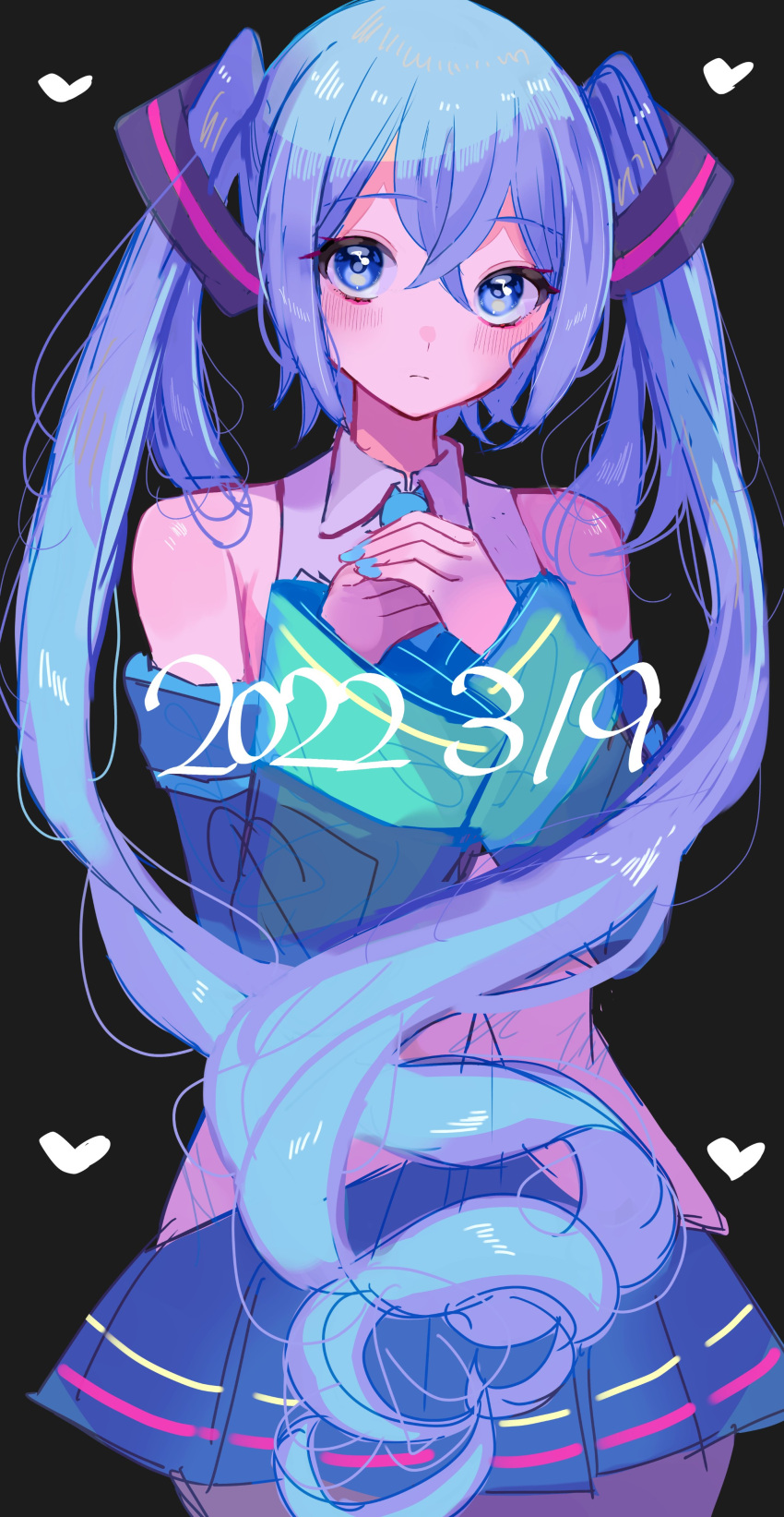 1girl, 39, absurdres, black_background, black_skirt, blue_eyes, blue_hair, blue_nails, blush, collared_shirt, dated, detached_sleeves, eyebrows_visible_through_hair, hatsune_miku, heart, highres, long_hair, na_(niruo3), own_hands_together, shirt, sketch, skirt, sleeveless, sleeveless_shirt, solo, twintails, very_long_hair, vocaloid, white_shirt