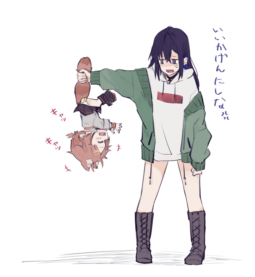 2girls, annoyed, black_footwear, blush, boots, brown_hair, chibi, clenched_hand