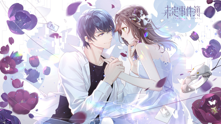 1boy, 1girl, bangs, black_shirt, brown_hair, closed_mouth, dog_tags, dress