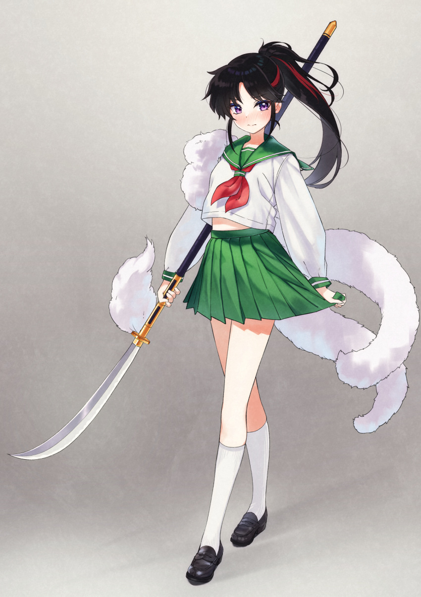 absurdres, black_footwear, black_hair, blush, cosplay, embarrassed, full_body, green_skirt