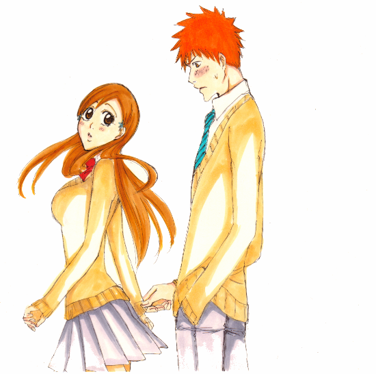 1boy, 1girl, bleach, blush, brown_eyes, brown_hair, cardigan, grey_skirt