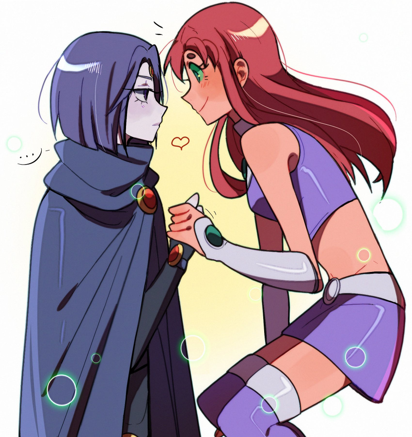 2girls, alien, black_leotard, blue_cape, blue_hair, cape, colored_skin, dc_comics