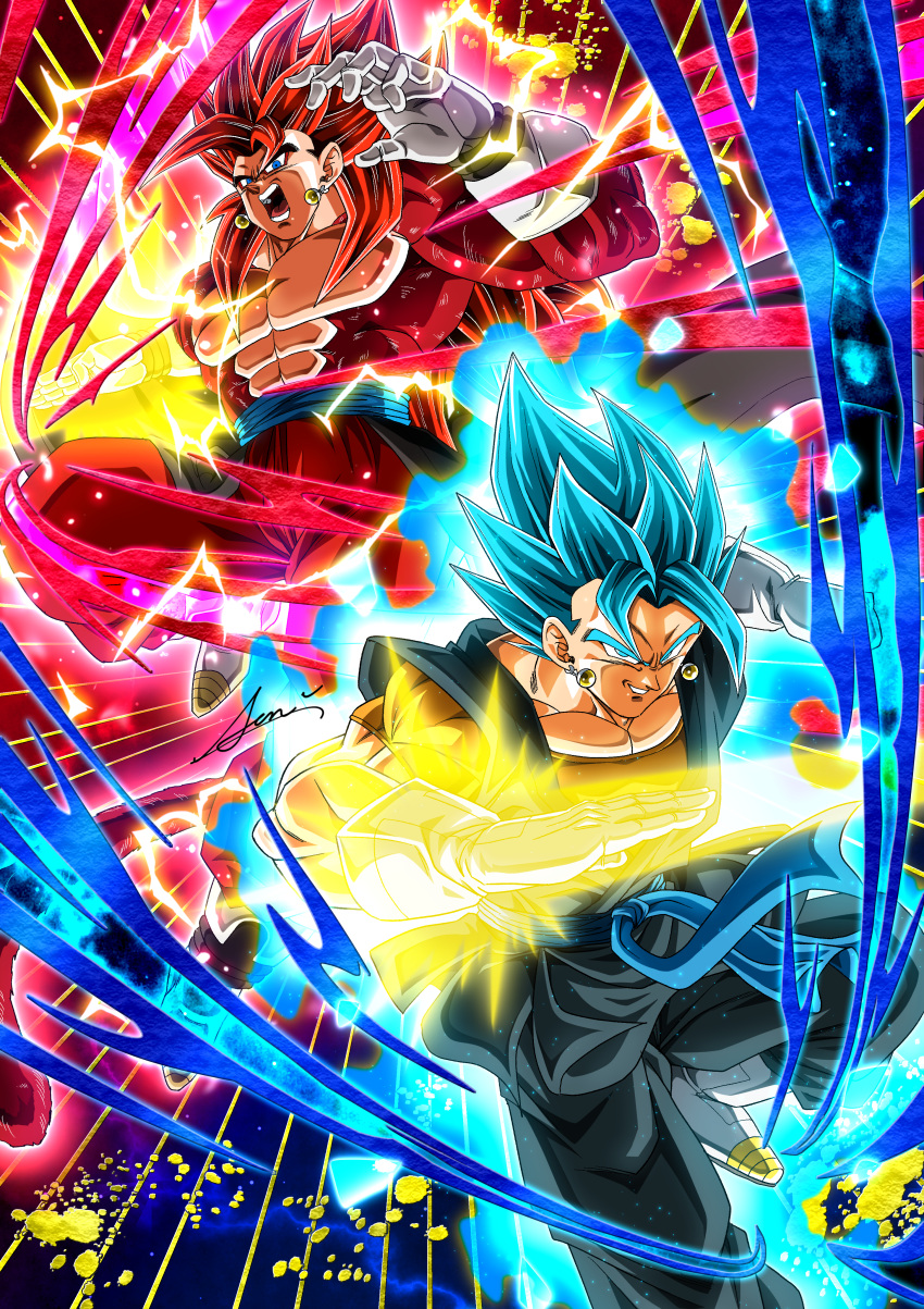 absurdres, blue_eyes, blue_hair, body_fur, dougi, dragon_ball, dragon_ball_(classic), dragon_ball_heroes, dragon_ball_super, dragon_ball_super_broly, dual_persona, earrings, energy_sword, fusion, highres, incoming_attack, jewelry, looking_at_viewer, monkey_boy, monkey_tail, potara_earrings, red_fur, saiyan, sen_(sen_5296), super_full_power_saiyan_4_limit_breaker, super_saiyan, super_saiyan_4, super_saiyan_blue, super_saiyan_blue_evolved, sword, tail, vegetto, vegetto_(xeno), weapon