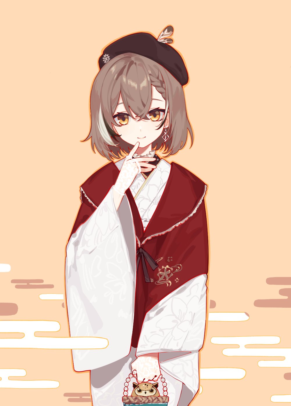 1girl, bangs, basket, beret, bird, braid, braided_bangs, brown_eyes, brown_hair, clouds, commentary, earrings, feathers, finger_to_mouth, floral_print, gloves, hat, highres, hololive, hololive_english, japanese_clothes, jewelry, kimono, lace, lace_gloves, multicolored_hair, nanashi_mumei, owl, print_kimono, red_shawl, simple_background, single_earring, smile, streaked_hair, symbol-only_commentary, vein_(artist), virtual_youtuber, white_kimono