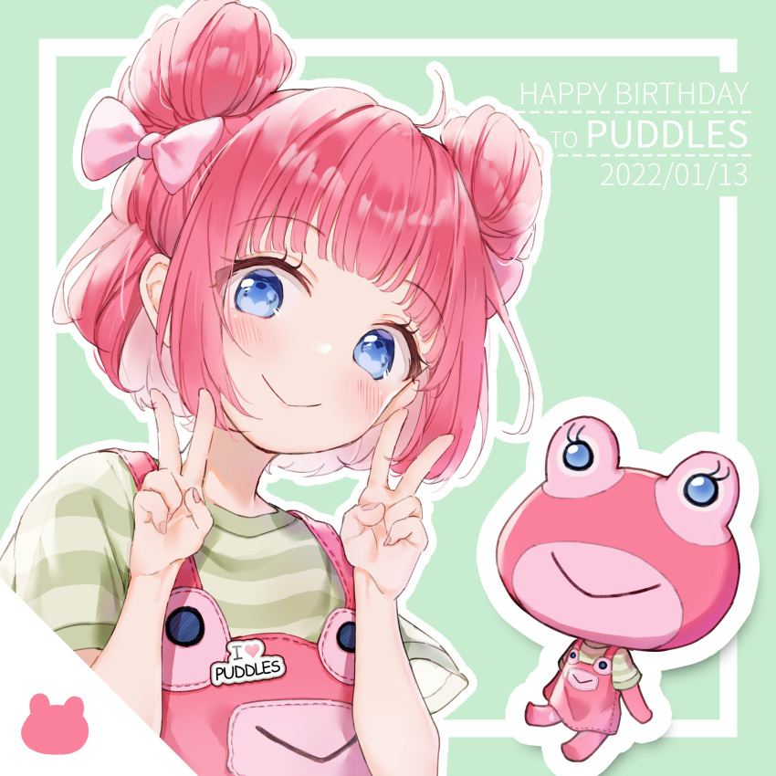 1girl, absurdres, animal_crossing, blue_eyes, chilia012, double_bun, frog, frog_girl, green_hair, highres, medium_hair, multiple_persona, overalls, personification, pink_hair, puddles_(animal_crossing)