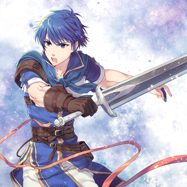 1boy, :d, awayuki_ramika, bad_id, bad_pixiv_id, blue_eyes, blue_hair, brown_gloves, fire_emblem, gloves, holding, holding_sword, holding_weapon, kris_(fire_emblem), kris_(fire_emblem)_(male), male_focus, open_mouth, orange_ribbon, pants, ribbon, shiny, shiny_hair, short_hair, single_glove, smile, solo, sword, weapon, white_pants