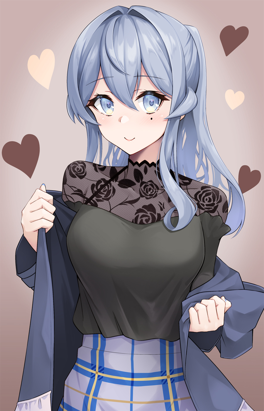 1girl, black_shirt, blue_eyes, blue_hair, blush, brown_background, closed_mouth, eyebrows_visible_through_hair
