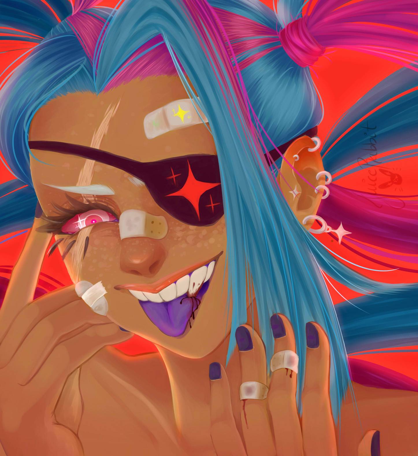 1girl, aqua_hair, bandages, cookie_run, ear_piercing, earrings, eyepatch, fang, highres, jewelry, juicerabbit, multicolored_hair, nail_polish, one_eye_covered, personification, piercing, pink_eyes, pink_hair, red_background, scar, solo, tongue, tongue_out, twizzly_gummy_cookie