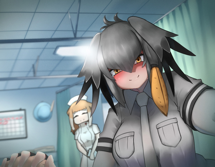 2girls, bangs, black_gloves, blonde_hair, blue_eyes, blurry, blurry_background, breast_pocket