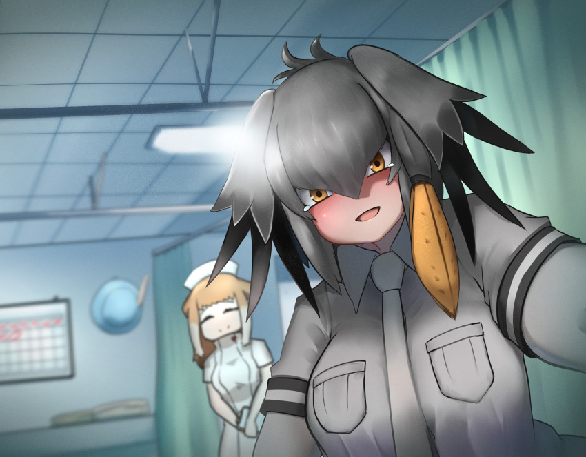 2girls, bangs, blonde_hair, blue_eyes, blurry, blurry_background, breast_pocket, commentary_request