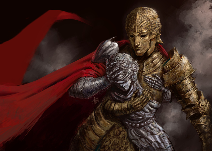 1boy, armor, azure_meraki, cape, closed_mouth, d_hunter_of_the_dead, elden_ring, full_armor, gauntlets, gold_armor, helmet, highres, male_focus, red_cape, solo
