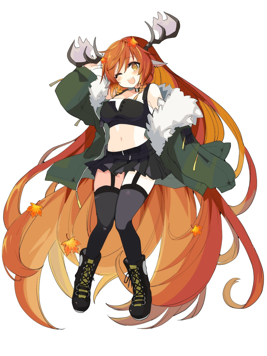 1girl, animal_ears, antlers, axia_(03400441), black_shirt, black_skirt, blush, boots