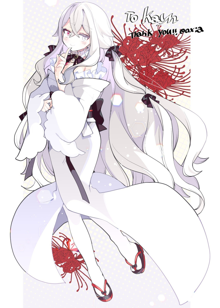 1girl, axia_(03400441), blush, bow, breasts, commission, dress, finger_to_mouth, grey_eyes, heterochromia, highres, indie_virtual_youtuber, long_hair, looking_at_viewer, red_eyes, ribbon, shushing, skeb_commission, solo, tsukumo_yomi, virtual_youtuber, white_hair