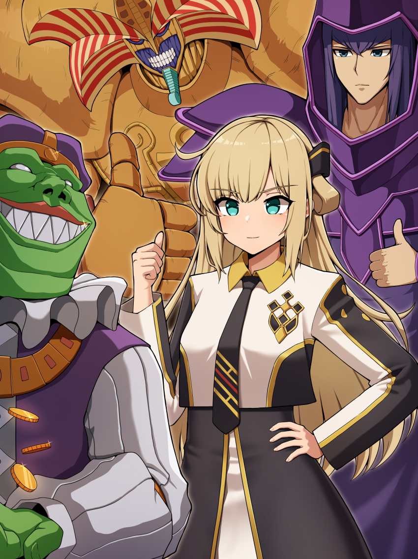 1girl, 3boys, absurdres, aqua_eyes, blonde_hair, colored_skin, dark_magician, duel_monster