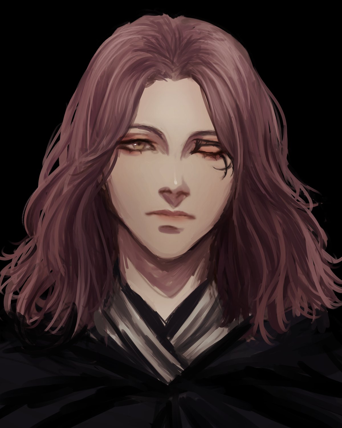 1girl, black_background, brown_eyes, brown_hair, closed_mouth, elden_ring, facial_tattoo, highres, long_hair, looking_at_viewer, melina_(elden_ring), one_eye_closed, simple_background, solo, tattoo, zorozombi