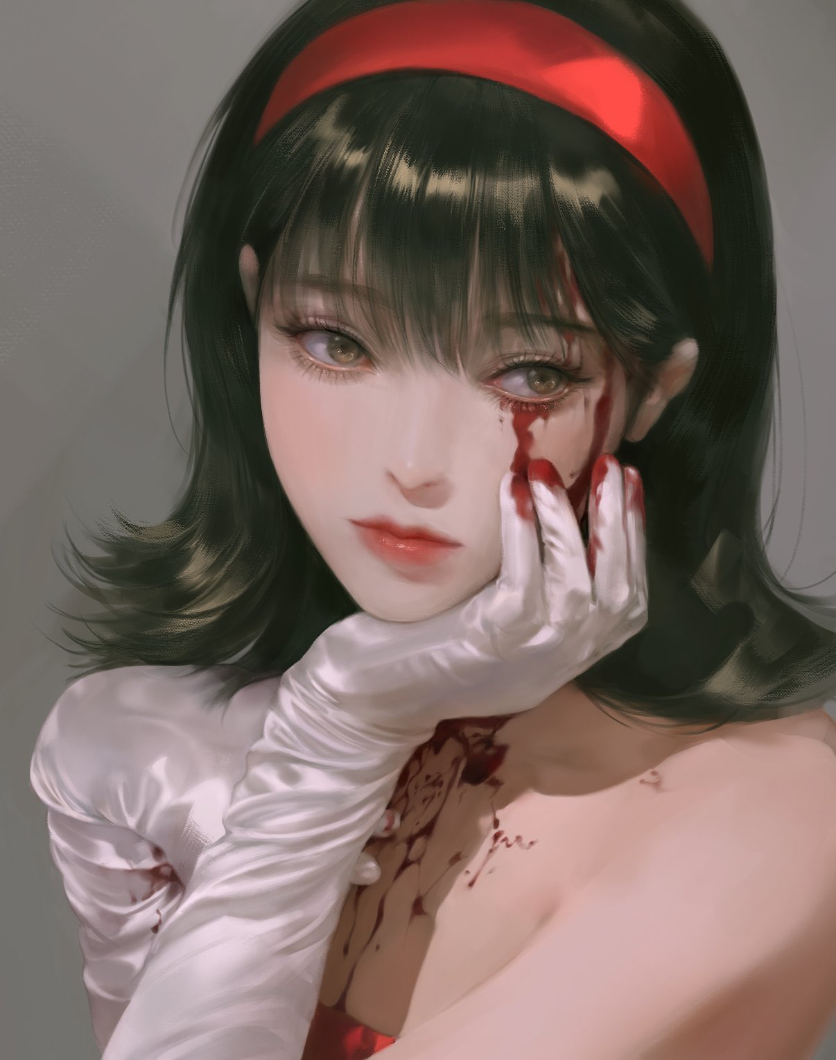1girl, bangs, bare_shoulders, black_hair, blood, brown_eyes, brown_hair, dress