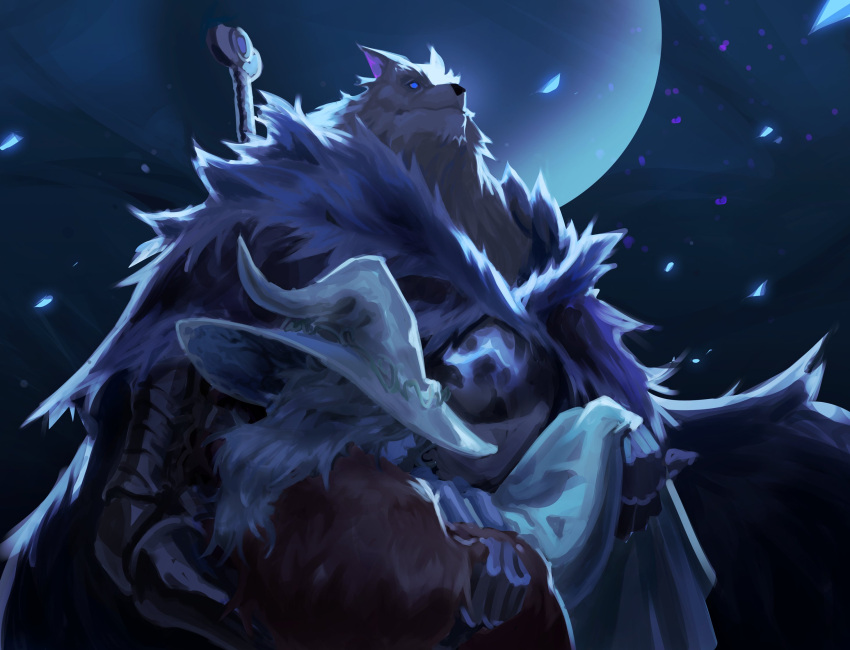 1boy, 1girl, blaidd_the_half-wolf, blue_eyes, blue_skin, blue_theme, carrying, cloak, closed_mouth, colored_skin, elden_ring, fezzleoni, full_moon, fur_cloak, hat, highres, moon, princess_carry, ranni_the_witch, sword, weapon, weapon_on_back, witch_hat