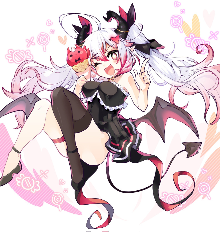 1girl, asymmetrical_legwear, axia_(03400441), brown_eyes, colored_tips, commission, demon_girl, demon_horns, demon_tail, demon_wings, highres, horns, indie_virtual_youtuber, multicolored_hair, one_eye_closed, pink_hair, shoes, skeb_commission, tail, thigh-highs, twintails, virtual_youtuber, white_hair, wings, winy_(vtuber)