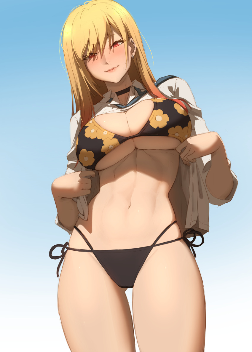 1girl, ass_visible_through_thighs, bangs, bikini, black_bikini, black_choker, blonde_hair, blue_background