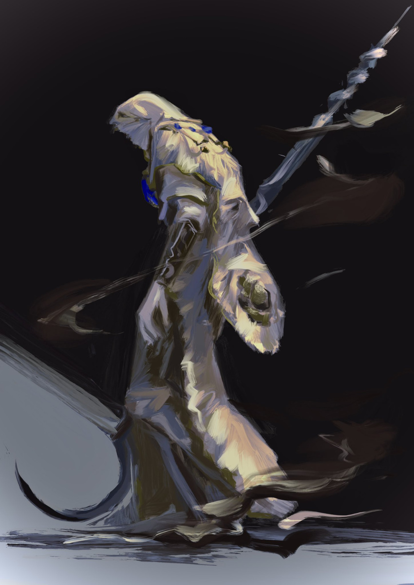 1boy, bandaged_head, bandages, colored_skin, covered_face, elden_ring, from_side, godskin_apostle