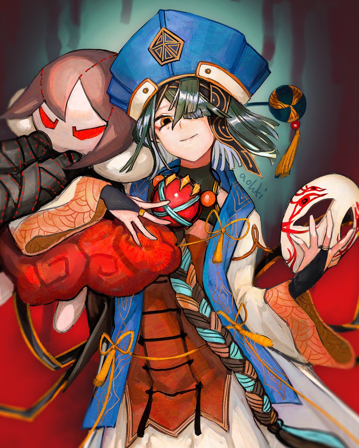 1girl, black_hair, blue_headwear, bridal_gauntlets, brown_eyes, character_doll, chinese_clothes, closed_mouth