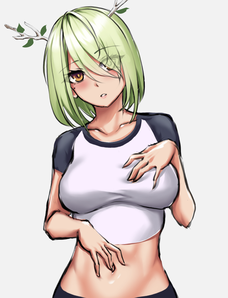 1girl, antlers, bangs, branch, ceres_fauna, edchi, green_hair, hair_ornament