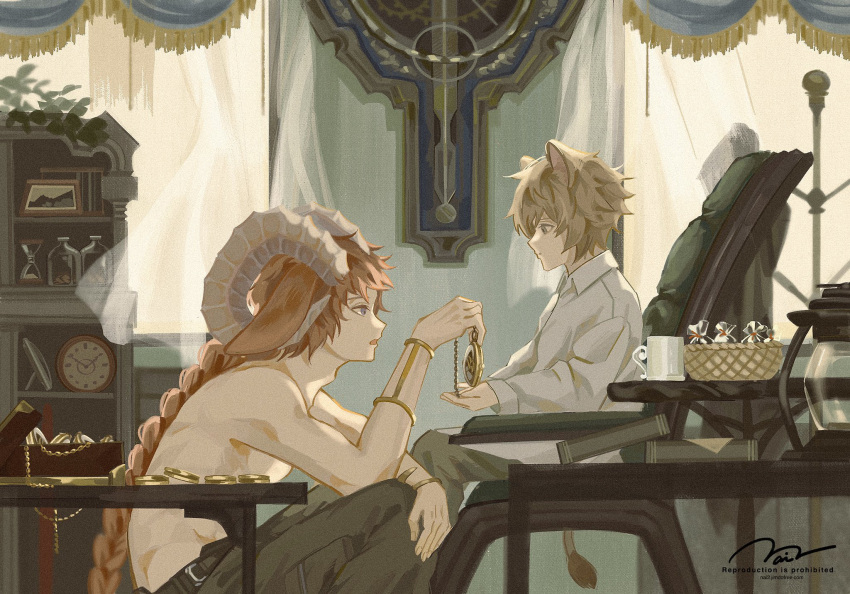 2boys, animal_ears, chair, commentary_request, dog_boy, dog_ears, feet_out_of_frame, goat_boy