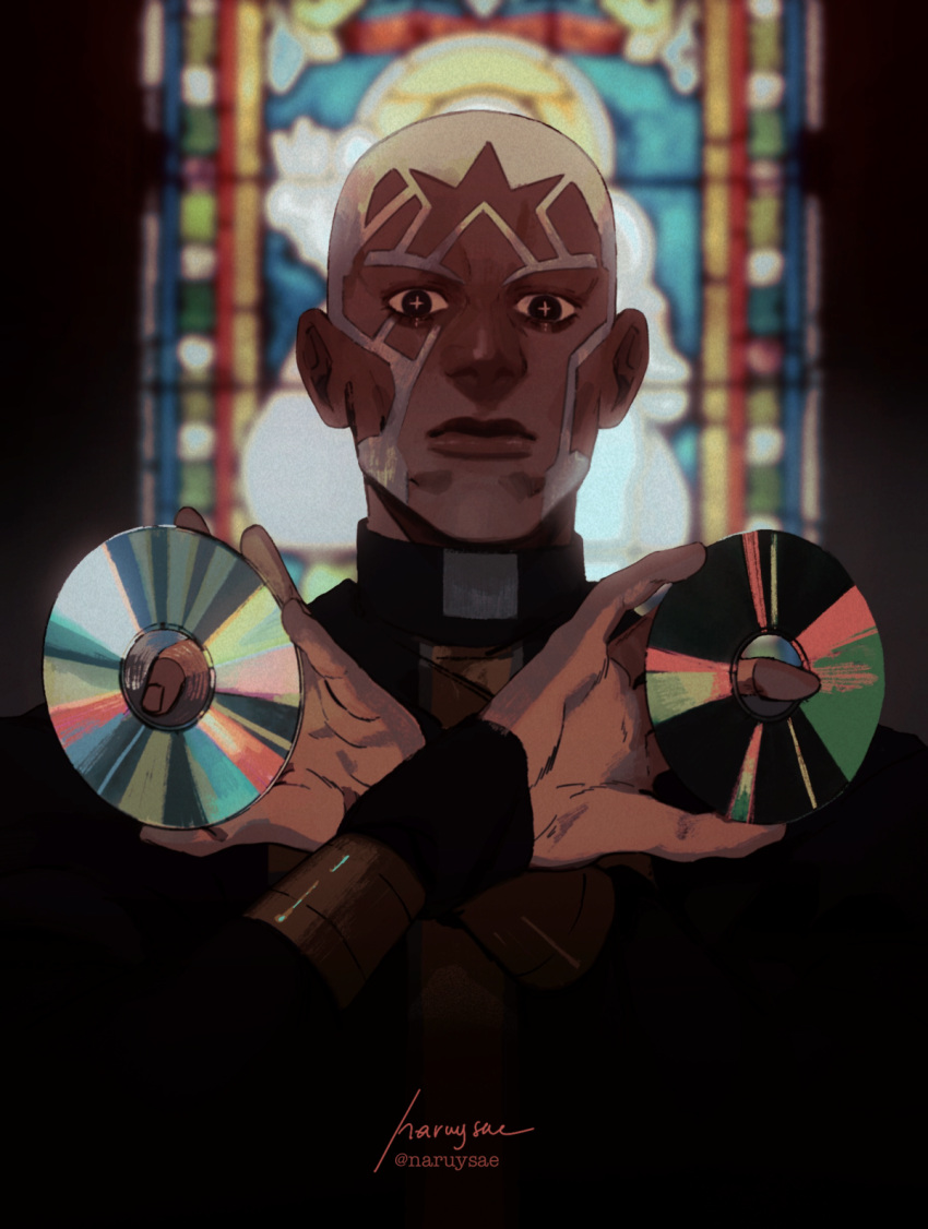 +_+, 1boy, cd, closed_mouth, dark-skinned_male, dark_skin, enrico_pucci, highres, holding_cd, jojo_no_kimyou_na_bouken, long_sleeves, looking_at_viewer, male_focus, naruysae, short_hair, sideburns, signature, solo, stone_ocean, twitter_username, upper_body, very_short_hair, white_hair, x_arms