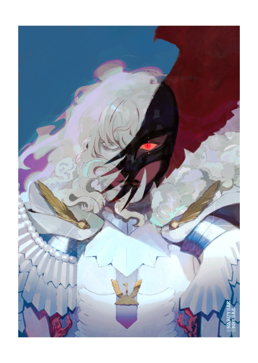 1boy, armor, berserk, breastplate, closed_mouth, femto_(berserk), griffith_(berserk), highres, long_hair, looking_at_viewer, male_focus, naruysae, page_tear, pauldrons, red_eyes, revealing_layer, shoulder_armor, slit_pupils, solo, white_eyes, white_hair