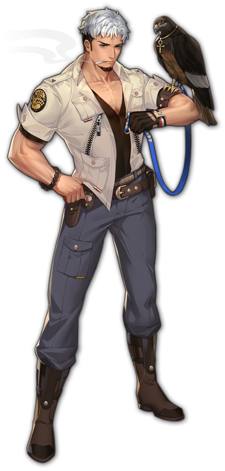 1boy, ankh_necklace, artist_request, bead_bracelet, beads, beard, beige_jacket, belt