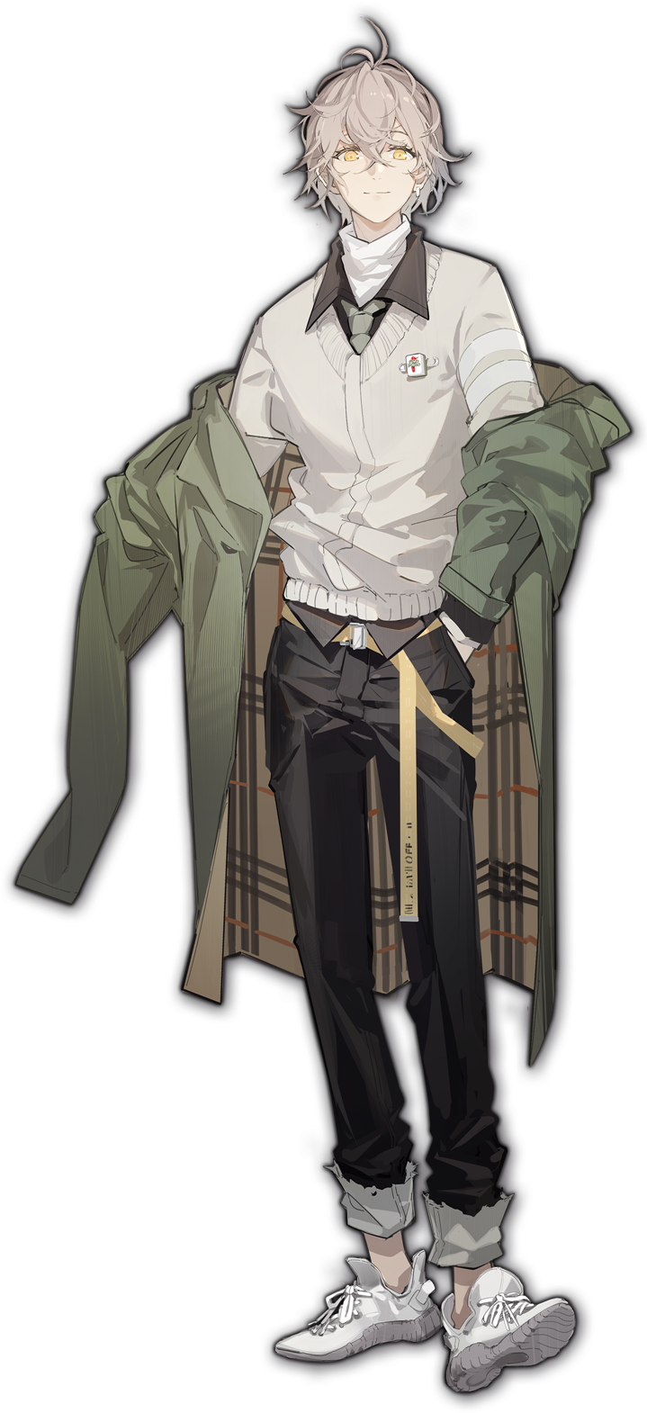 1boy, artist_request, black_legwear, blonde_hair, collared_shirt, earrings, hair_between_eyes, hand_in_pocket