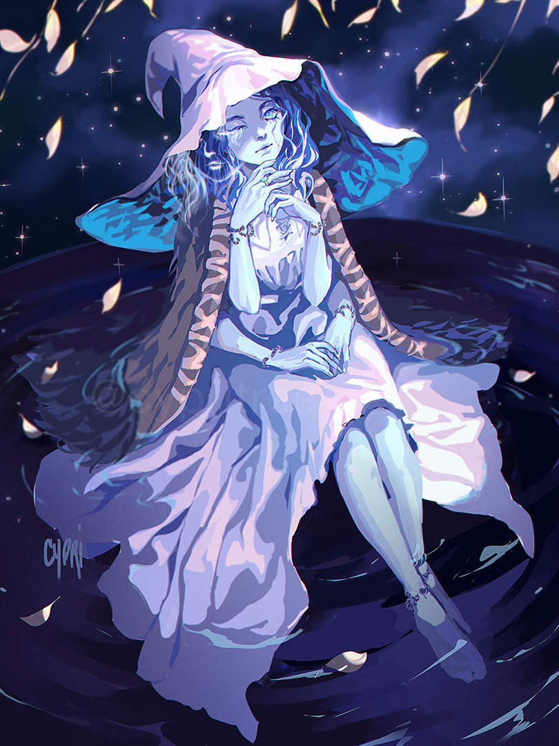 1girl, barefoot, blue_hair, blue_skin, blue_theme, bonnie_tang, closed_mouth, colored_skin, dress, elden_ring, extra_arms, extra_faces, hat, long_dress, looking_at_viewer, own_hands_together, ranni_the_witch, sitting, soaking_feet, solo, white_dress, white_headwear, witch_hat