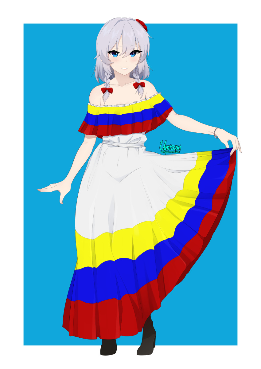 1girl, absurdres, alternate_costume, bare_shoulders, blue_background, blue_eyes, bow, braid