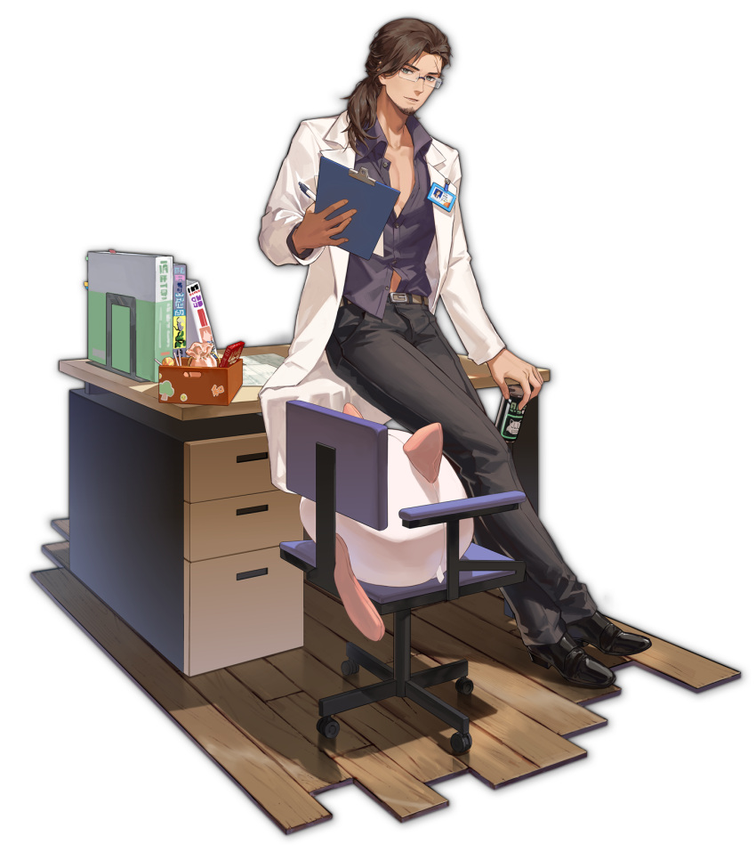 1boy, artist_request, beard, black_footwear, black_pants, brown_hair, can, candy