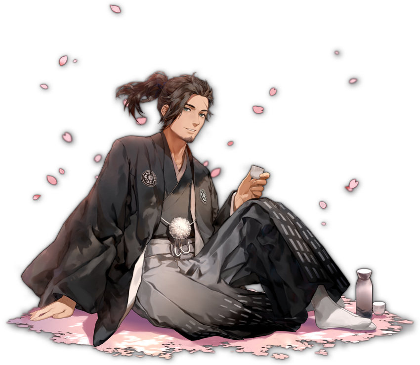 1boy, alcohol, artist_request, beard, bottle, brown_hair, cherry_blossoms, choko_(cup)
