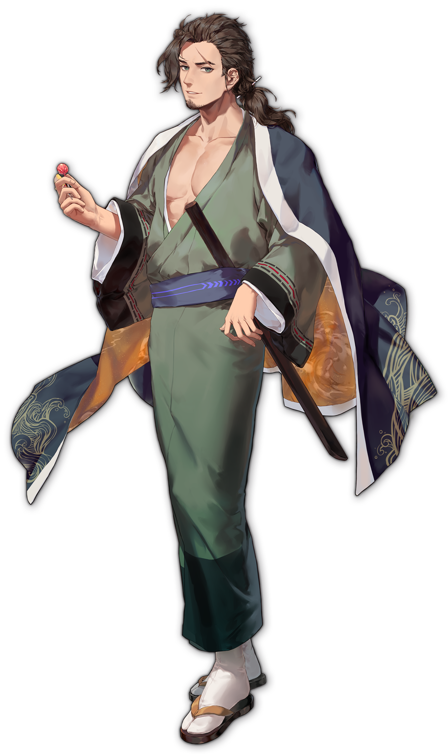 1boy, artist_request, beard, brown_hair, collarbone, facial_hair, flower, green_eyes