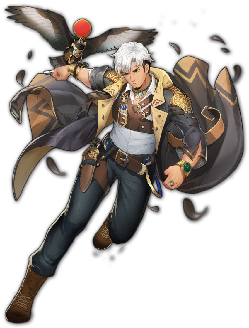 1boy, ankh, artist_request, bead_bracelet, beads, beard, belt, bird, black_jacket, boots, bracelet, brown_belt, brown_footwear, collared_shirt, dagger, egyptian, facial_hair, falcon, falconry, feathers, gold_bracelet, gold_necklace, green_eyes, highres, jacket, jewelry, joseph_(mahjong_soul), knife, mahjong, mahjong_soul, mature_male, necklace, official_art, ring, sheath, sheathed, shirt, simple_background, solo, tenbou, transparent_background, undercut, weapon, white_shirt, wristwear, yostar