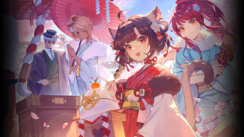 1boy, 3girls, ahoge, animal_ears, bangs, beard, black_hair, blonde_hair, blue_eyes, blue_kimono, blue_necktie, blush, breasts, brown_hair, cat_ears, cat_tail, cherry_blossoms, closed_mouth, collared_shirt, commentary, day, eyebrows_visible_through_hair, facial_hair, flower, food, fujimoto_kirara, fur-trimmed_kimono, fur_trim, glasses, hair_flower, hair_ornament, hand_on_headwear, hat, highres, holding, holding_food, ichihime, index_finger_raised, japanese_clothes, joseph_(mahjong_soul), kimono, kujou_riu, long_hair, long_sleeves, looking_at_viewer, mahjong, mahjong_soul, mahjong_tile, multiple_girls, necktie, obi, official_art, oil-paper_umbrella, one_eye_closed, open_mouth, orange_eyes, outdoors, palms_together, pink_flower, ponytail, purple_hair, red_eyes, red_kimono, red_rope, rope, sash, shirt, short_hair, shrine, skewer, small_breasts, smile, sunlight, swept_bangs, tail, umbrella, vhumiku, white_hair, white_shirt, wide_sleeves, yostar
