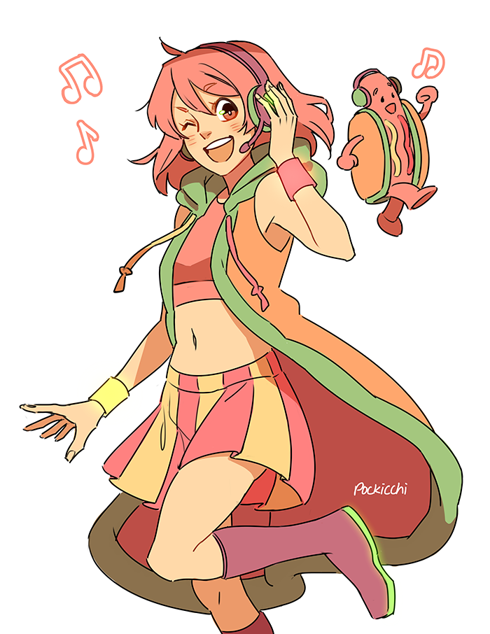 1girl, ;d, ?, ahoge, artist_name, bangs, beamed_eighth_notes, blush