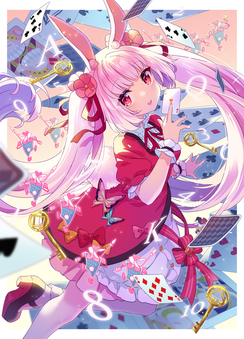 1girl, ace_of_clubs, ace_of_diamonds, ace_of_hearts, ace_of_spades, alice_in_wonderland, animal_ear_fluff, animal_ears, bangs, blurry, blurry_foreground, bow, bug, butterfly, card, club_(shape), commentary, diamond_(shape), dress, english_commentary, eyebrows_visible_through_hair, fingernails, flower, foot_out_of_frame, frilled_dress, frills, hair_flower, hair_ornament, hair_ribbon, heart, hisana, holding, holding_card, instrument, key, lance, looking_at_viewer, open_mouth, original, pink_bow, pink_hair, pink_nails, polearm, rabbit_ears, rabbit_girl, rabbit_tail, red_bow, red_eyes, red_ribbon, ribbon, short_sleeves, sidelocks, solo, spade_(shape), tail, teeth, thigh-highs, tongue, trumpet, twintails, weapon, white_legwear, yellow_bow