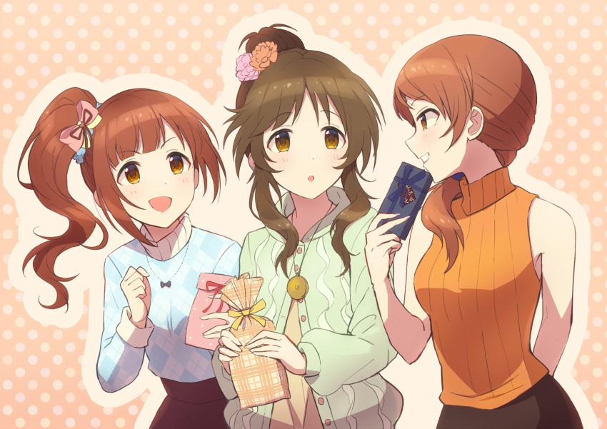 3girls, arm_behind_back, black_skirt, blue_sweater, bow, box, brown_eyes, brown_hair