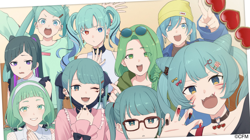 +_+, 6+girls, :3, :d, absurdres, angel_hair_(vocaloid), animal_(vocaloid), aqua_eyes