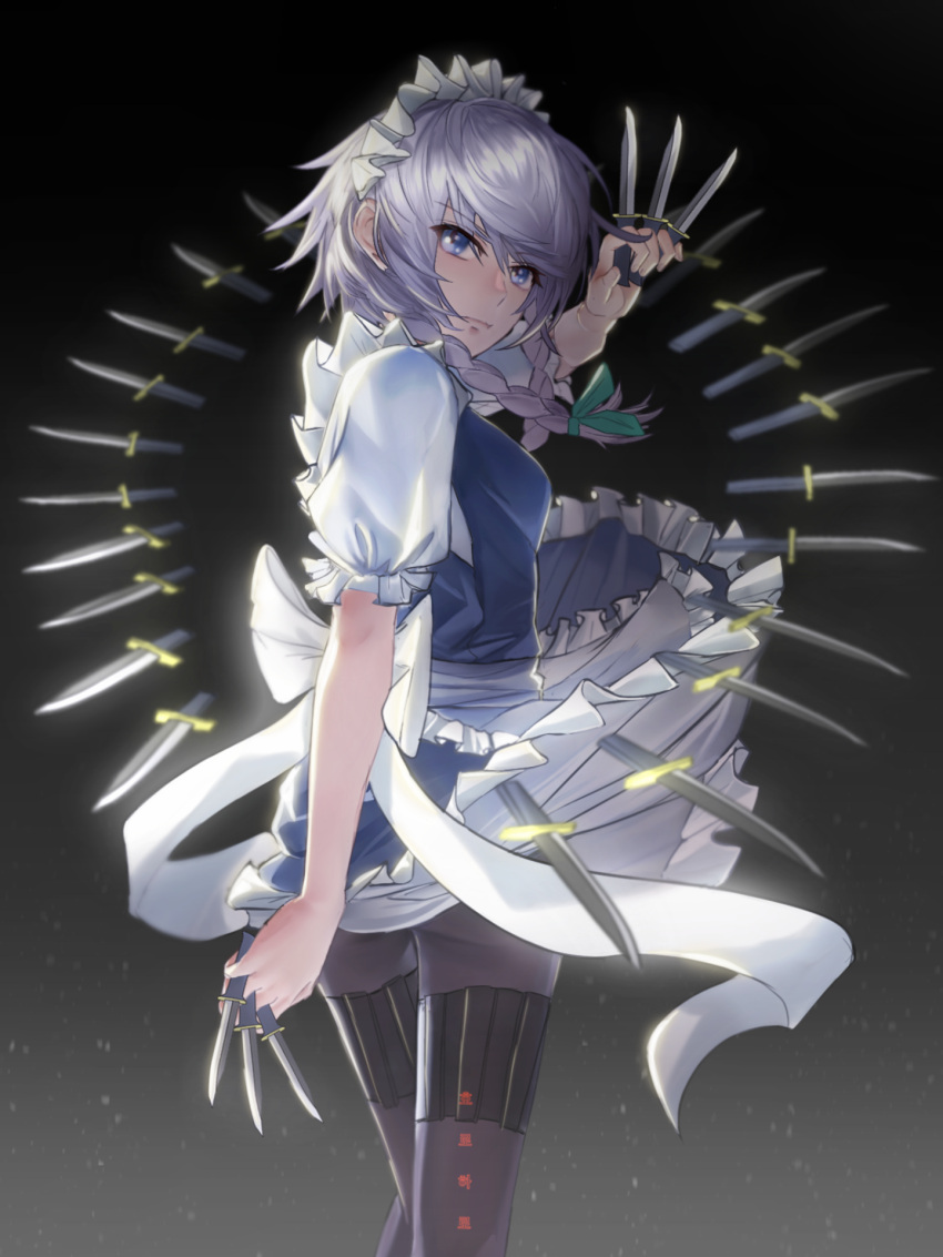 1girl, apron, between_fingers, black_legwear, blue_eyes, blue_skirt, braid, breasts, eyebrows_visible_through_hair, frilled_skirt, frills, green_ribbon, hair_ribbon, highres, izayoi_sakuya, knife, looking_at_viewer, maid, maid_headdress, miki_(horop), ribbon, short_hair, silver_hair, skirt, solo, touhou, twin_braids